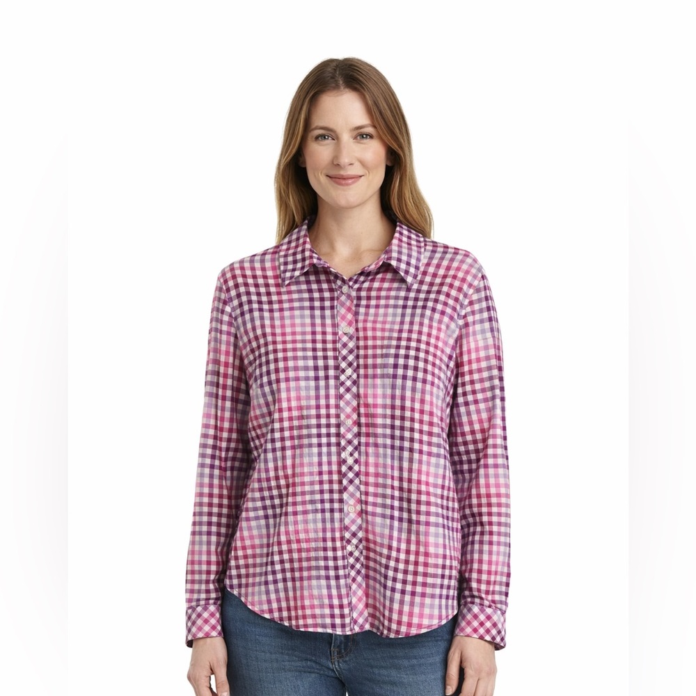 Talbots Checkered Shirt Button Down Large Lightweight 100% Cotton Pink + Purple